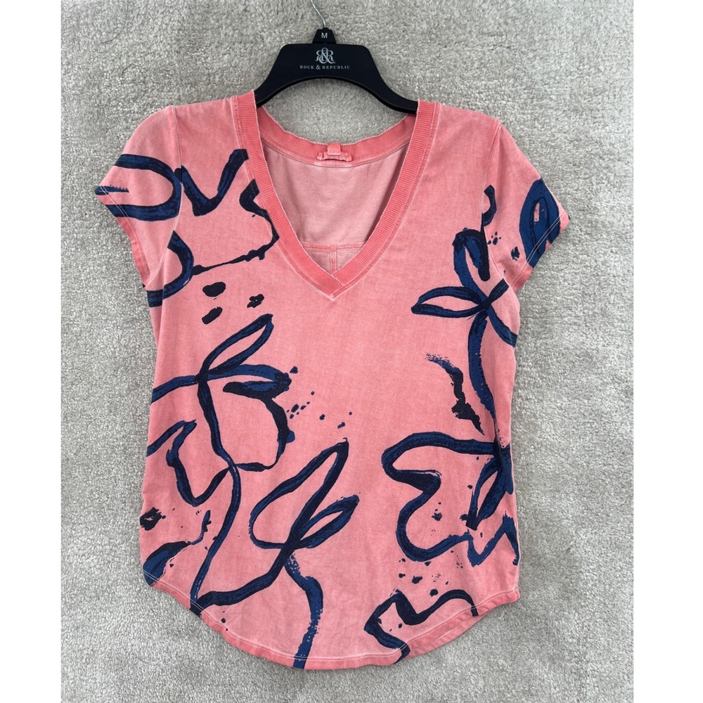 NIC+ZOE NZT Coastal Boho V-Neck Tee Size S Pink Navy Abstract Floral Acid Wash